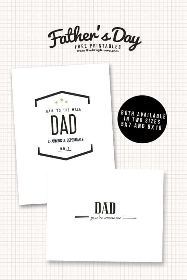 Two black and white Father's Day printables, hail to the male in a hexagon badge and dad you're awesome