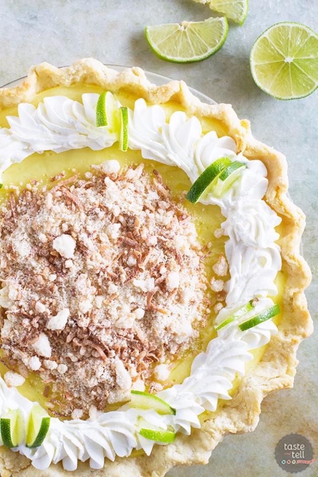 Caribbean truffle pie with a creamy citrus and coconut filling topped with whipped cream and coconut