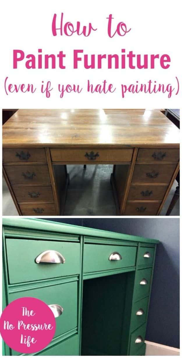 Painting hack for furniture, a brown thrift shop desk painted emerald green with new brushed nickel drawer pulls