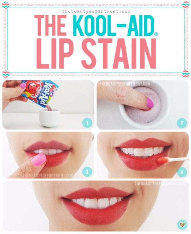 Kool Aid Lip Stain, simple enough to remember without jotting it down and a fix that outlasts the store bought version