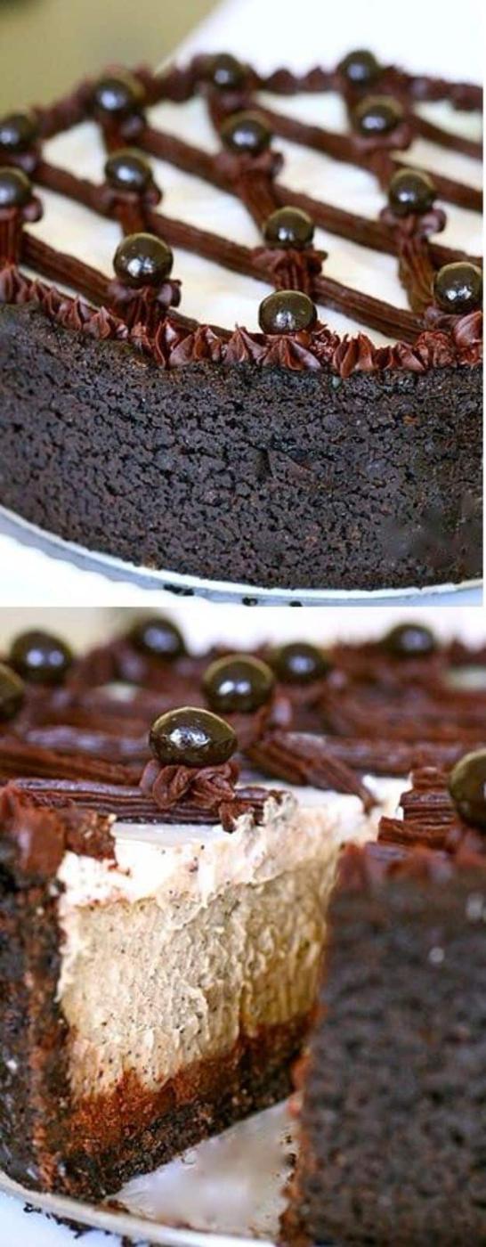 Cappuccino fudge cheesecake topped with dark ganache lattice and espresso beans, and a slice showing the layers