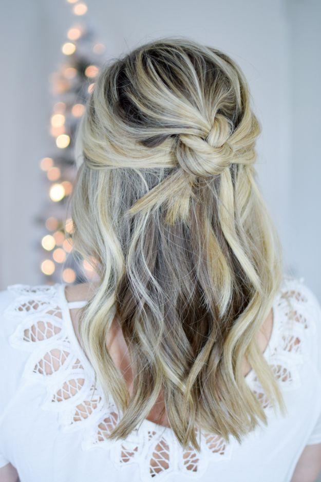 Holiday Hairstyles - Easy Knotted Half Up - Cute DIY Hair Styles for Christmas and New Years Eve, Special Occasion - Updos, Braids, Buns, Ponytails, Half Up Half Down Looks #hairst