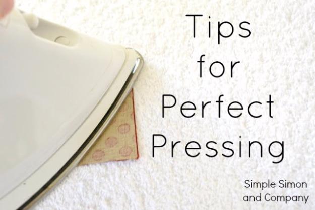 Pin graphic reading Tips for Perfect Pressing beside an iron resting on a small patterned fabric square
