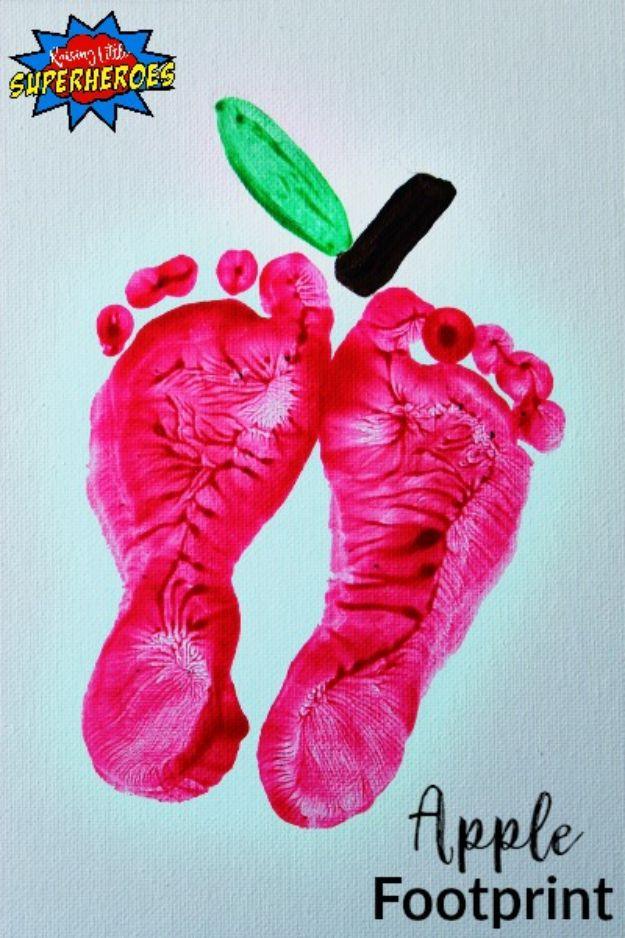 Pin graphic reading Apple Footprint, two painted footprints pressed side by side to form an apple with a green leaf