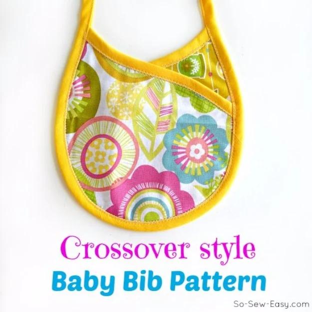 Bright floral crossover baby bib with yellow bias tape binding, under a typeset So Sew Easy pattern title