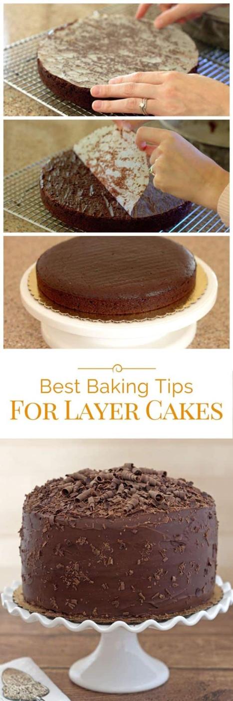 Four photos of chocolate cake layers being levelled by hand, lifted onto a stand and finished with chocolate frosting