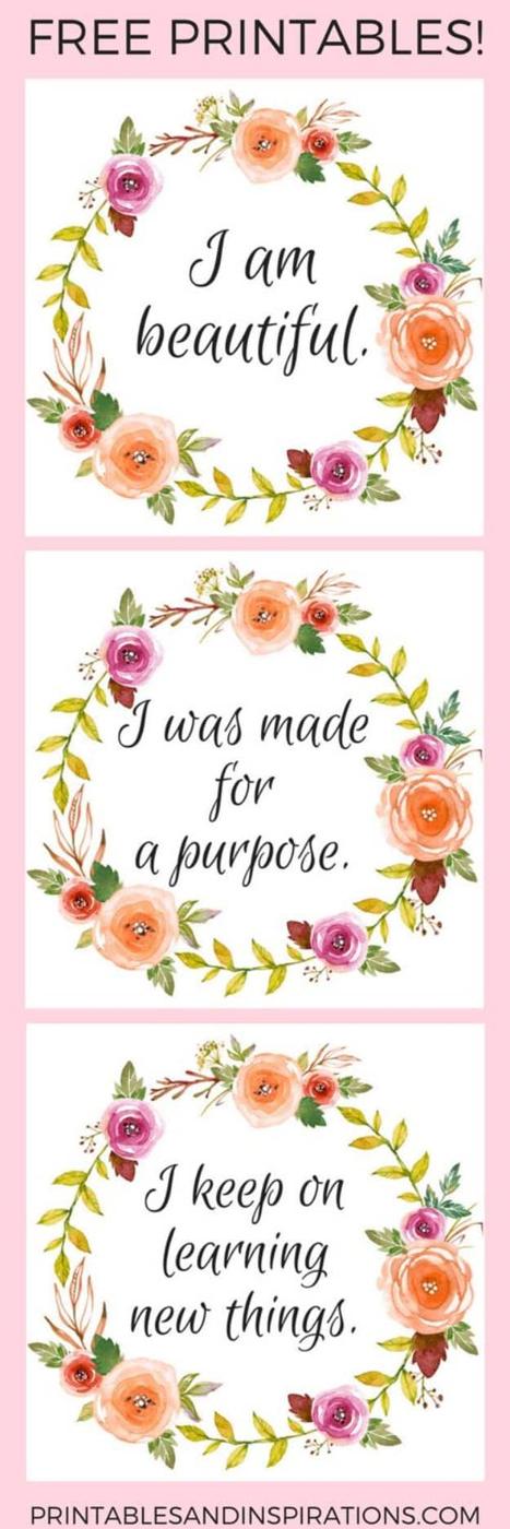 Free printable positive affirmation cards in floral wreath borders, three to a sheet in coral and sage