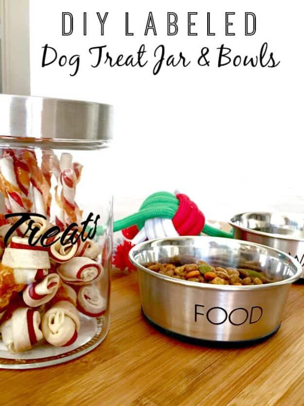 DIY Pet Bowls And Feeding Stations - DIY Labeled Treat Jar And Bowls - Easy Ideas for Serving Dog and Cat Food, Ways to Raise and Store Bowls - Organize Your Dog Food and Water Bow