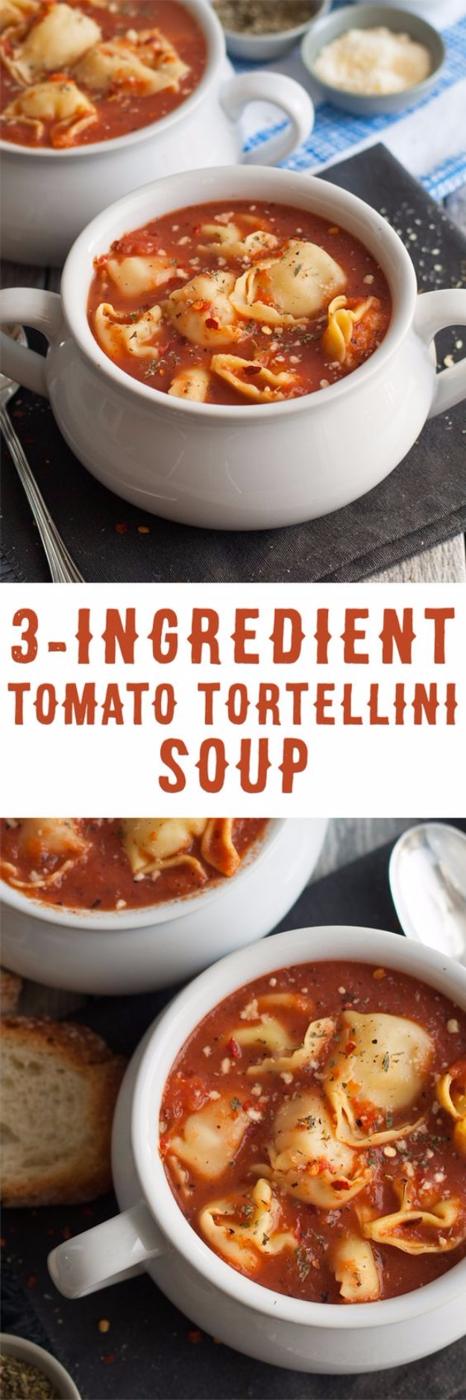 Tomato tortellini soup in white handled mugs with cheese tortellini, an easy 3 ingredient weeknight dinner