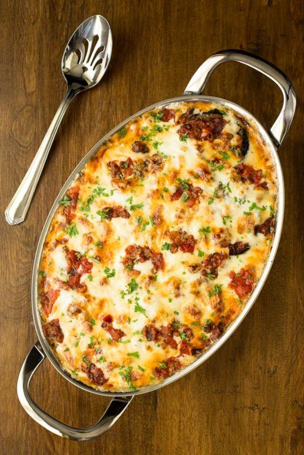Eggplant and Italian sausage gratin layered with roasted eggplant, meat sauce, parmesan and mozzarella