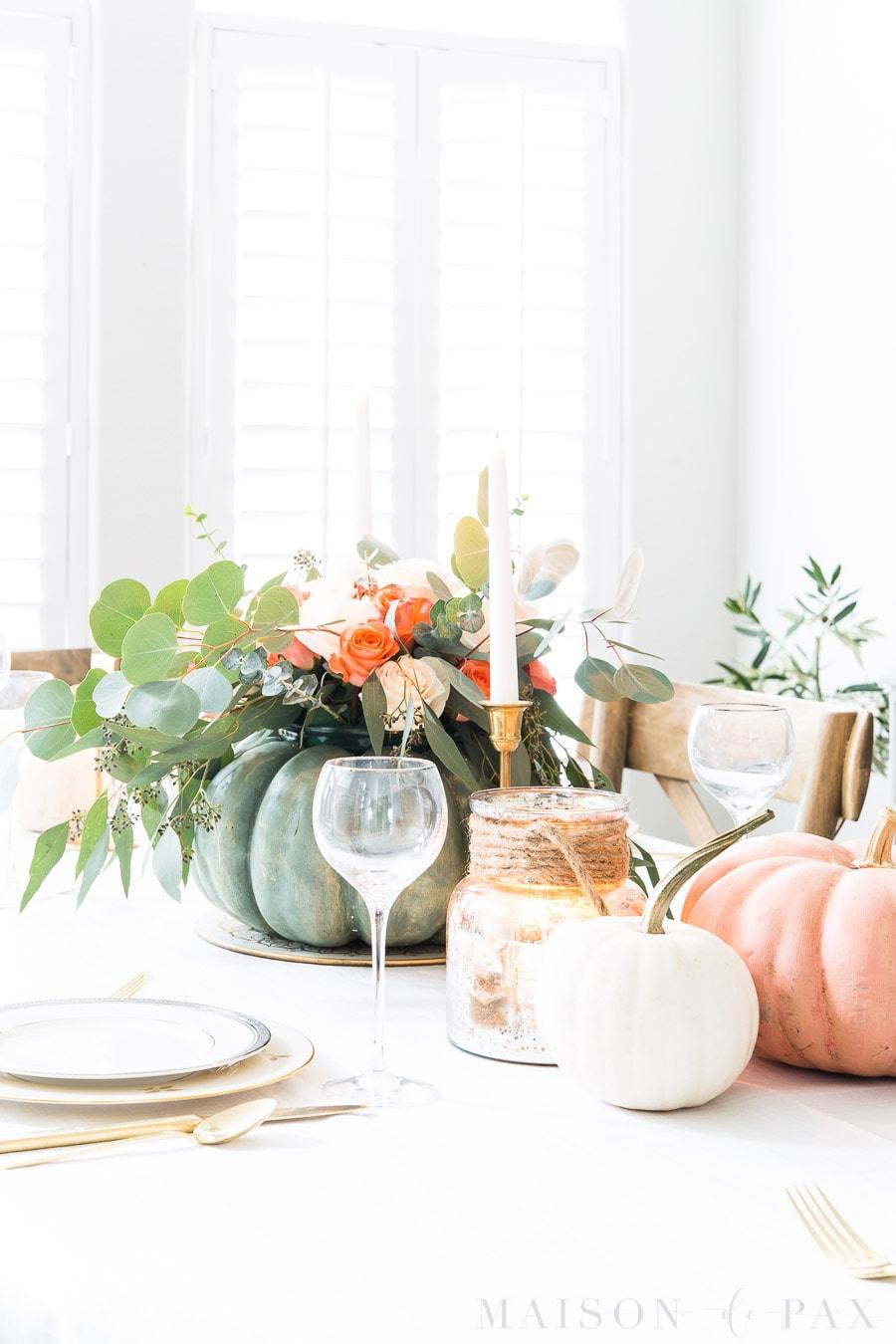 Pumpkin Floral Vase Centerpiece, a favorite thanksgiving centerpiece idea worth copying and a popular choice on this list