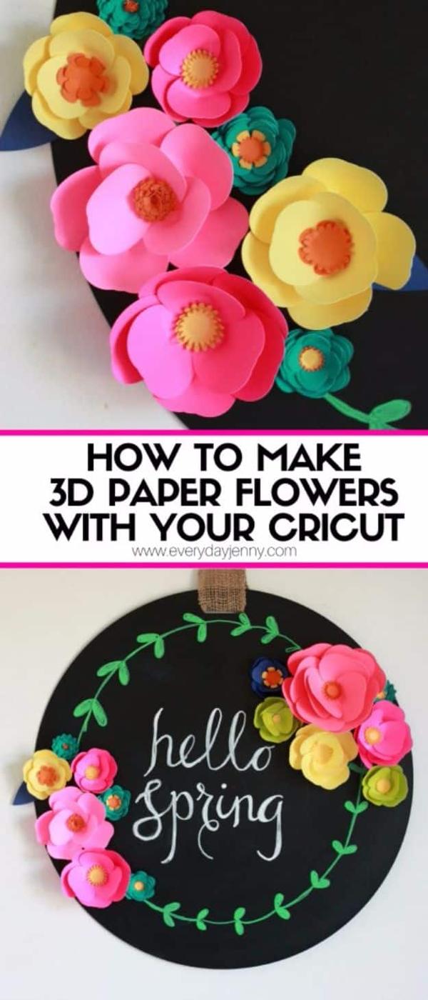 3D paper flowers with Cricut, pink, yellow and coral 3D paper flowers on a chalkboard reading hello spring