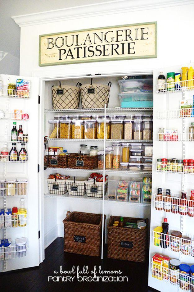 Pantry with bakery sign above the door, matching clear canisters, wire door racks, labeled baskets and jars