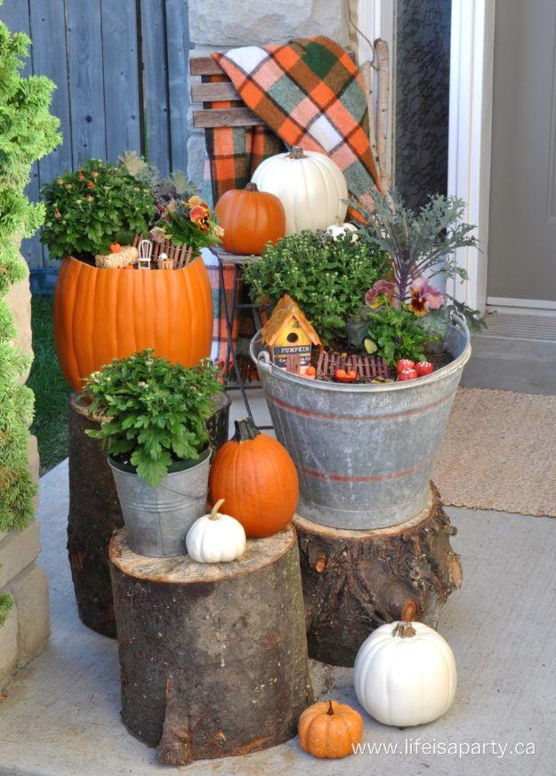Fall fairy garden in a carved orange pumpkin and galvanized bucket with mums, a birdhouse and wood stumps