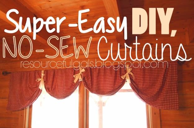 Typeset graphic reading Super Easy DIY No Sew Curtains over red gingham fabric swagged across three windows