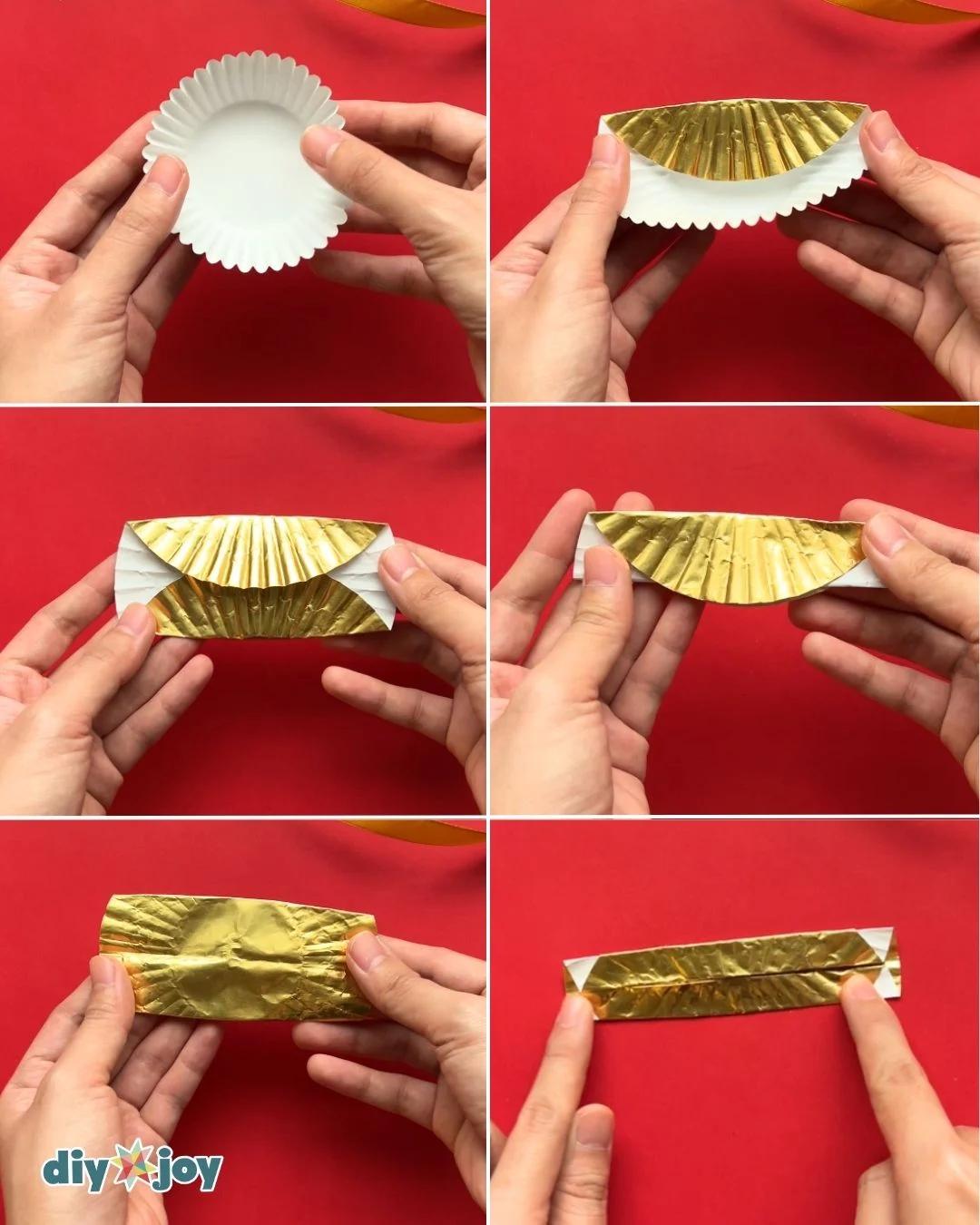 Easy Christmas crafts collage showing six steps for folding one gold cupcake liner into a narrow strip