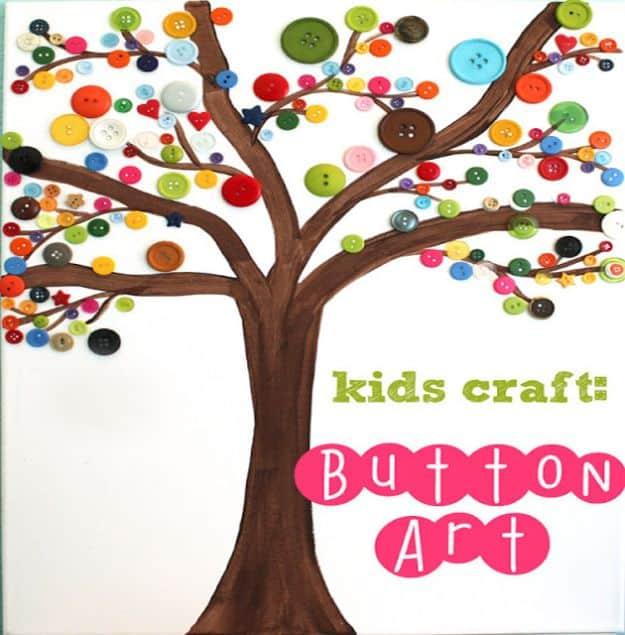 Painted brown tree on a white canvas with its branches covered in multicolored buttons, under a typeset title