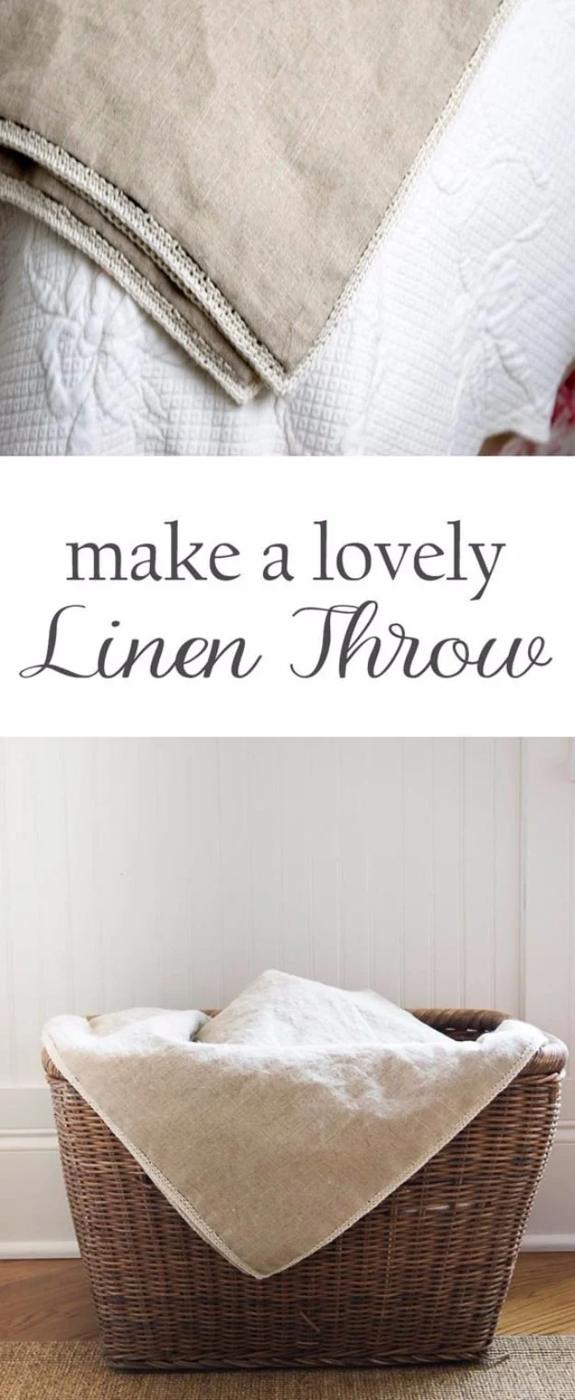 Cream linen throw with a hand crocheted scalloped edge shown close up, above the folded throw in a basket