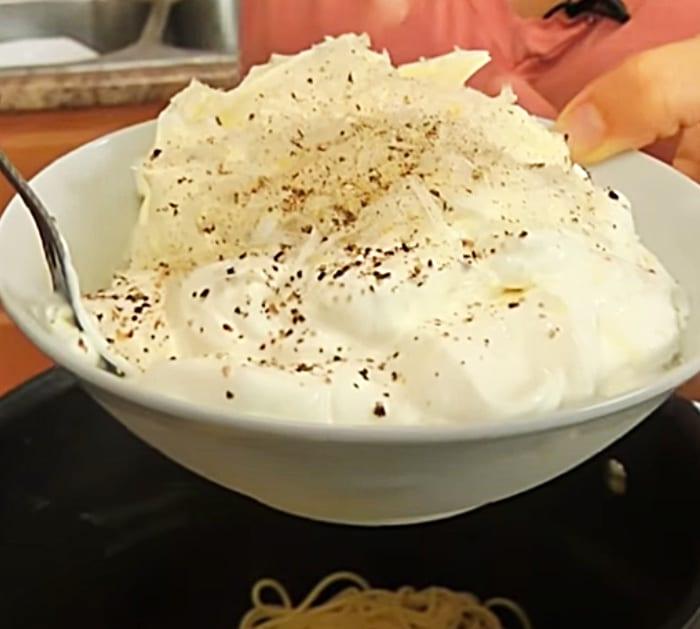 Make a sour cream and cream cheese sauce for baked spaghetti