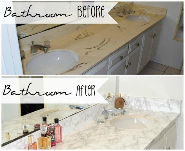 Master Bathroom Marble Vanity Makeover, one of the best faux marble projects on this list and worth a look