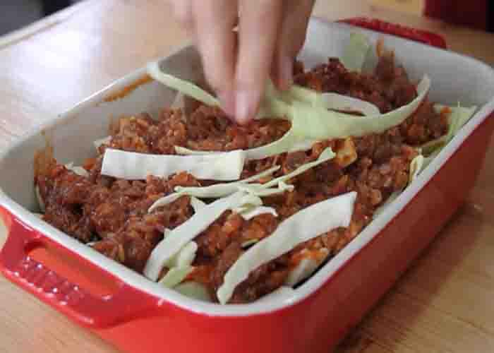 Assembling the cabbage roll casserole