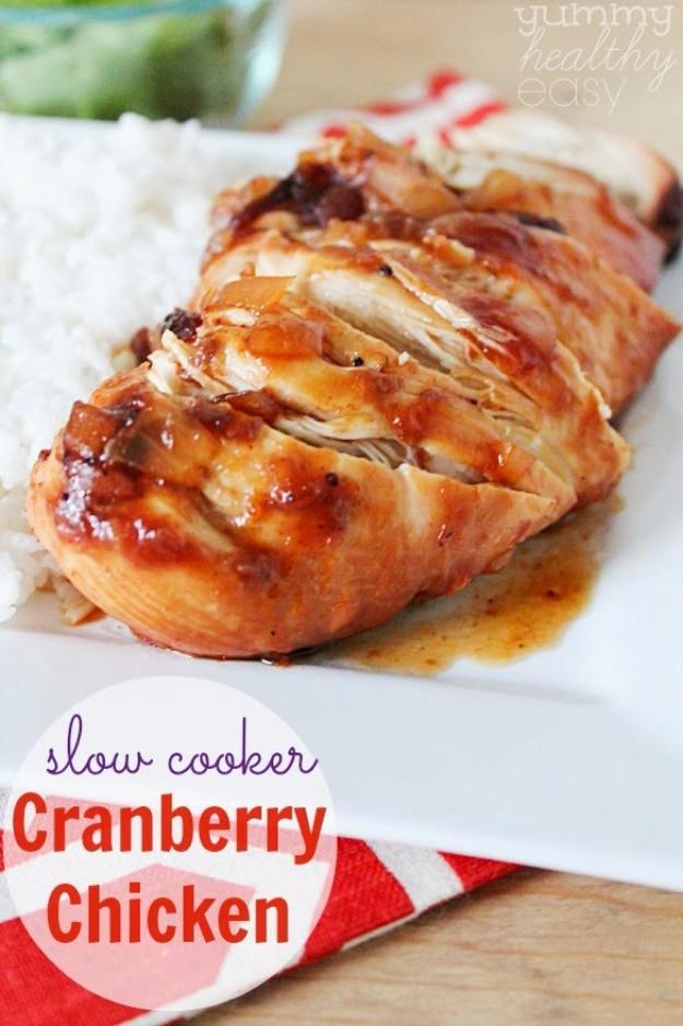 Sauced cranberry chicken beside white rice on a plate, with the project title and source watermark visible