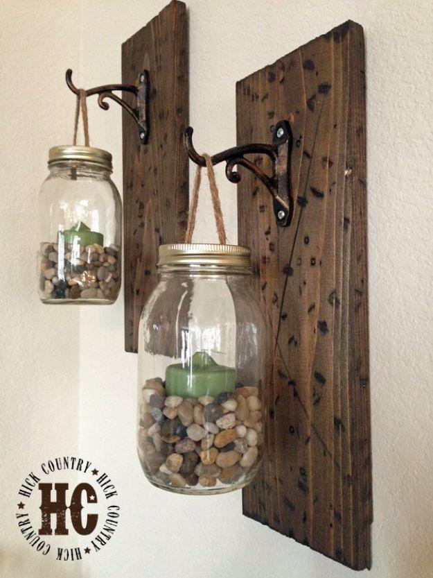 Rustic DIY Mason Jar Wall Lanterns, low effort once the supplies are laid out and charm that photographs better than it costs