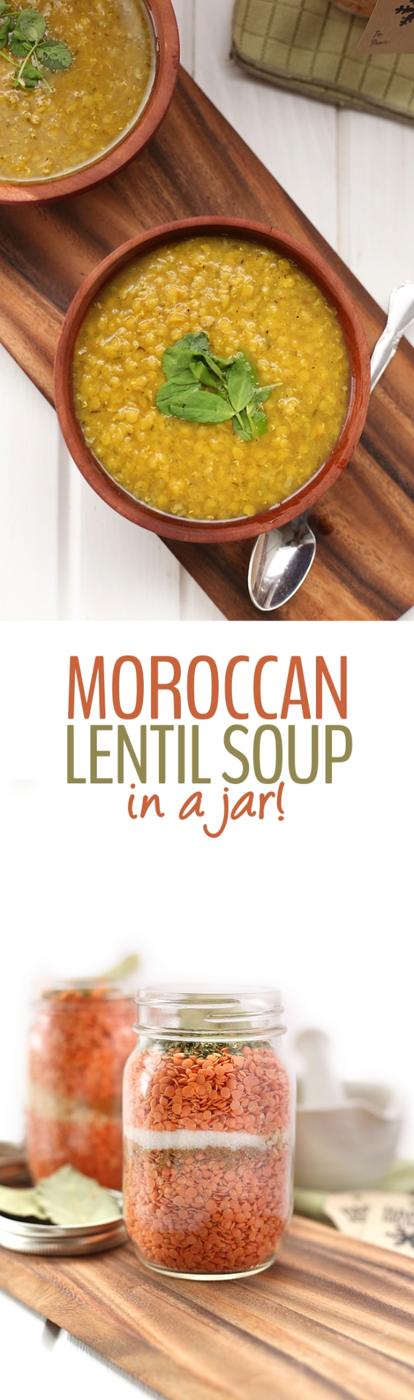 Moroccan lentil soup in a jar with dry red lentils, onion flakes and warm spices layered ready to cook