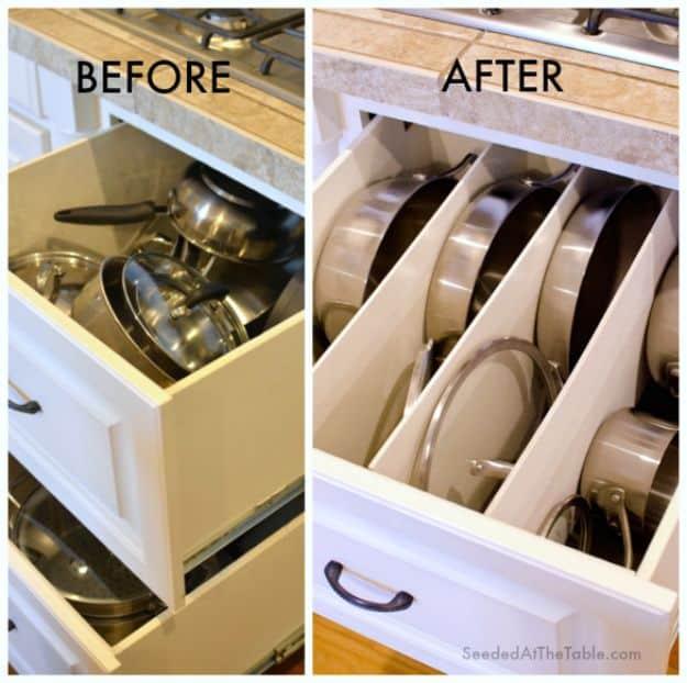 Before and after of a kitchen drawer, jumbled stacked pans then the same pans stood on edge in painted dividers
