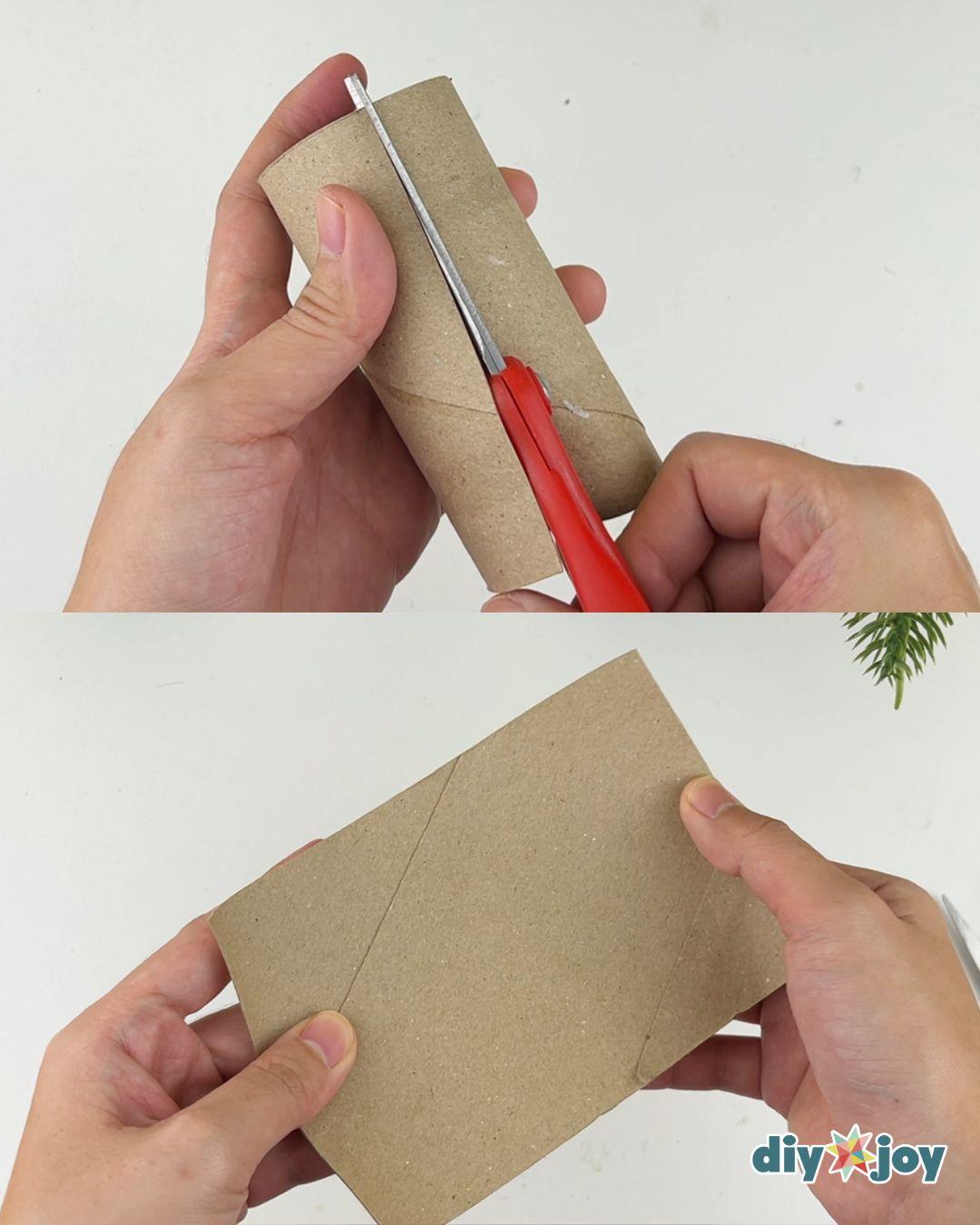 Recycled Crafts - two panel photo of scissors cutting a cardboard tube open lengthwise and the tube flattened into a rectangular sheet