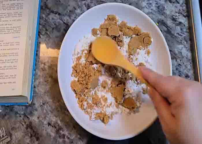 Making the crumbly batter for the dessert bars