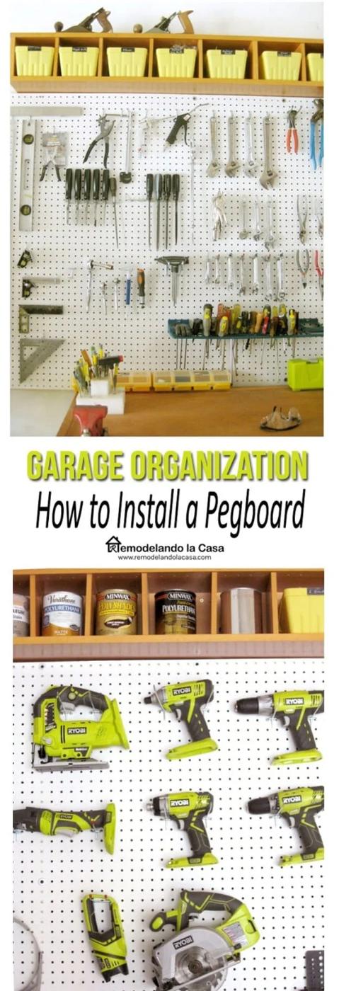 Garage Organization How to Install a Pegboard collage with a tool wall, gold bins, paint cans and drills