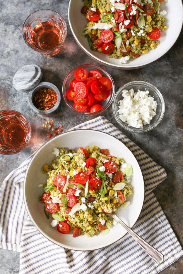Recipes for Clean Eating - Summer Cauliflower Rice Bowls with Bacon and Pesto - Raw and Whole Foods, Unprocessed Meal and Snack Ideas for Lunch and Dinner - Fresh, Healthy Foods an