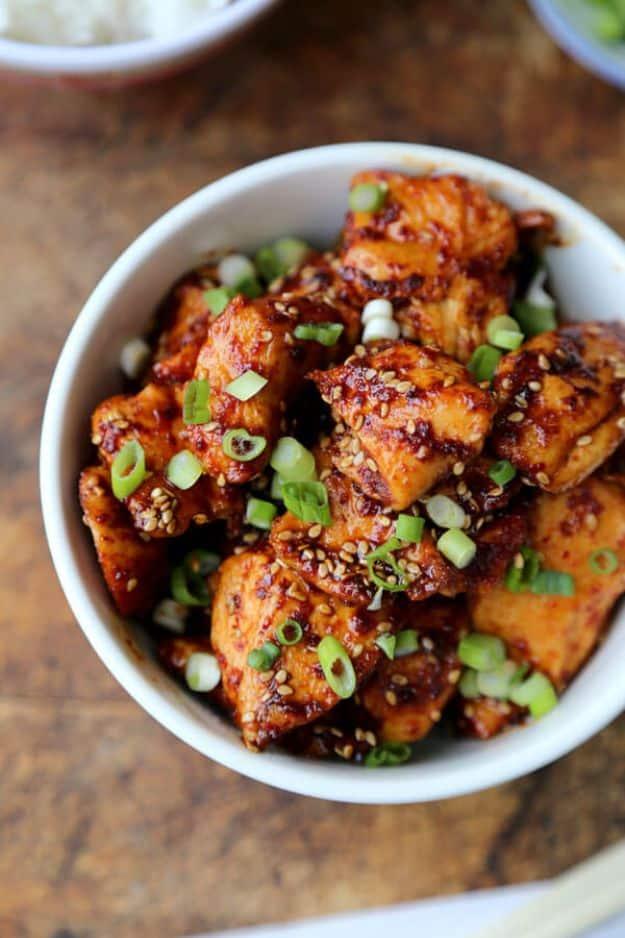 Korean sticky chicken glazed sweet and spicy for a takeout style dinner made right at home for the whole family