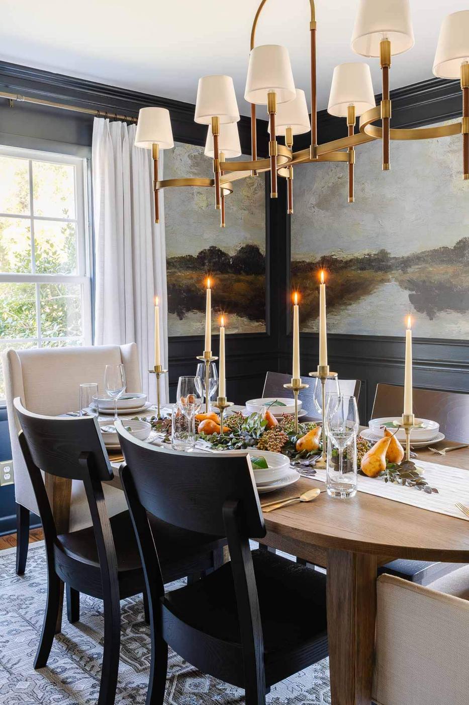 Ten minute Thanksgiving table with cut leafy stems, Bosc pears, taper candles and leaf place cards on a linen runner