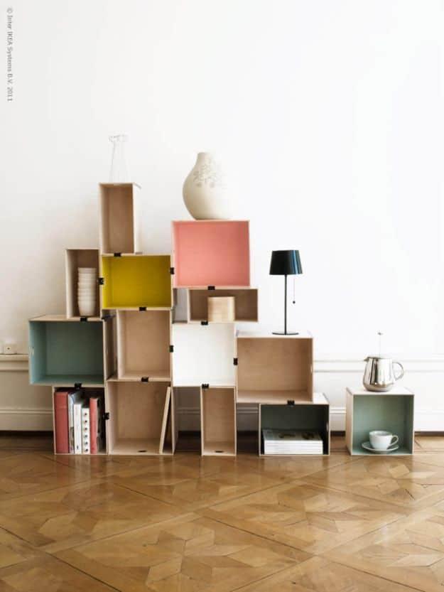 Cubist Plywood Box Bookshelf with Binder Clips, simple enough for a first try and an idea worth saving for later