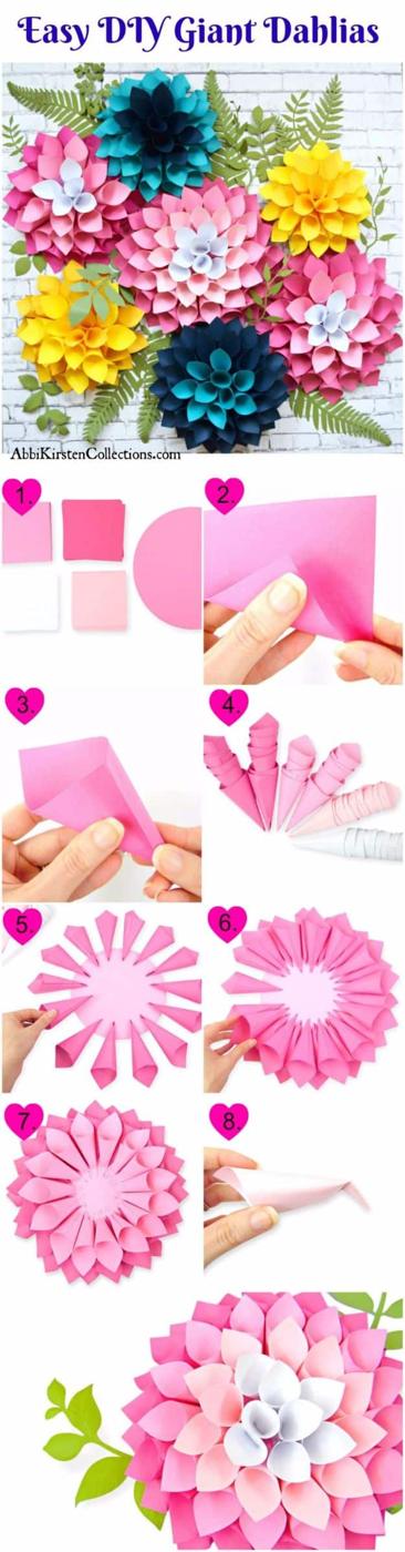 Giant dahlia paper flowers, layered paper dahlias in pink, yellow and teal above a strip of step by step photos