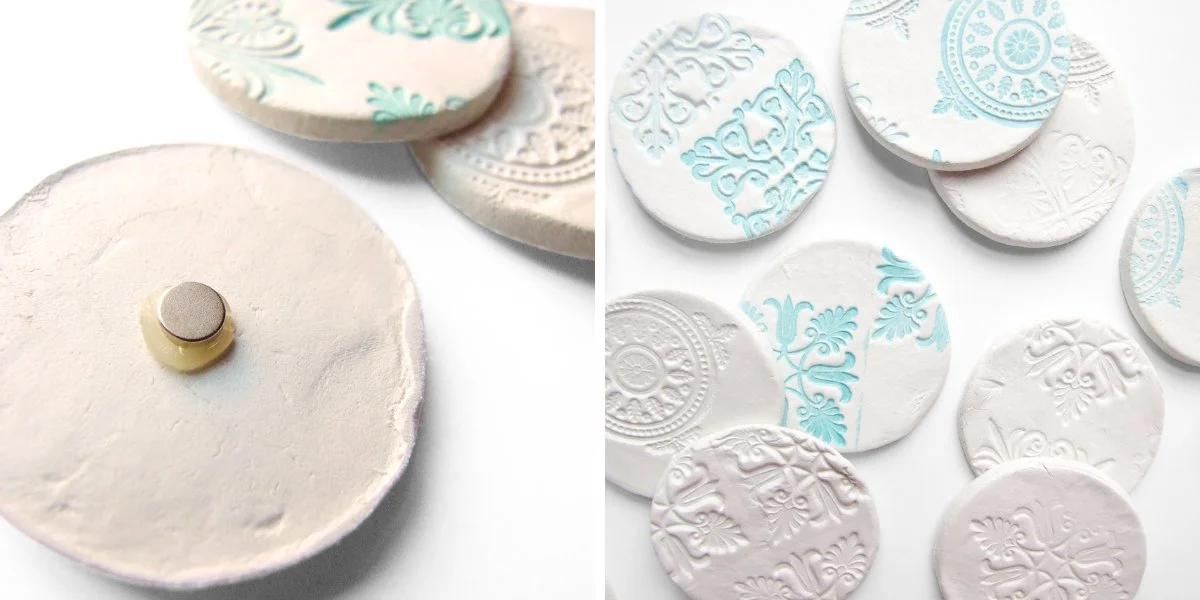 Round white air dry clay magnets embossed with pale turquoise floral and geometric patterns, front and back