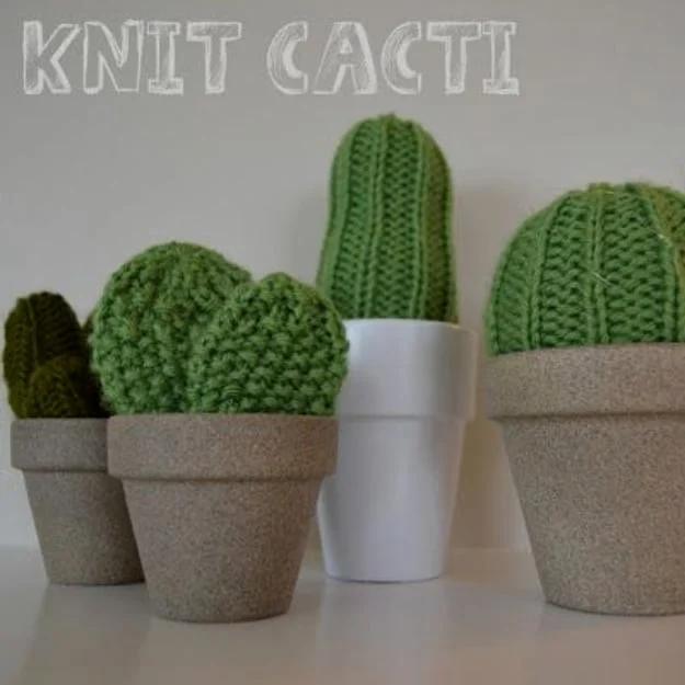 Knitted gift idea: a knit cactus shaped and stuffed for a no water needed desk plant gift for the whole family