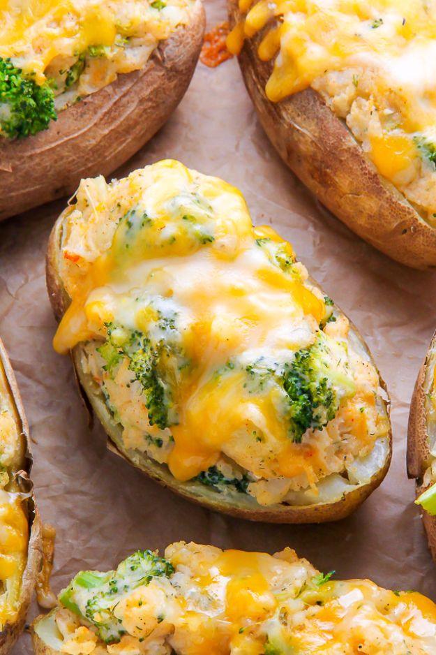 Broccoli and cheddar twice baked potatoes with crisp skins, mashed filling, chopped broccoli and melted cheese