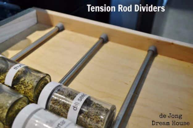 Spice Drawer Divider, a tension rod hack, easy enough for a beginner to follow and an idea worth saving for later