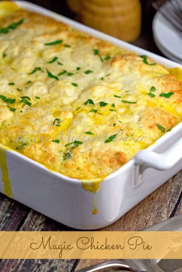 Magic chicken pie in a baking dish with a golden biscuit top that forms itself over creamy gravy on a busy weeknight