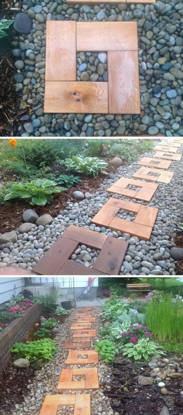 Collage of square cedar stepping stones surrounded by round river rock in a wood and stone garden path