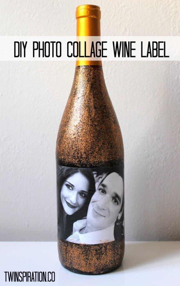 DIY photo collage wine bottle label, a copper glittered bottle with a black and white photo of a couple