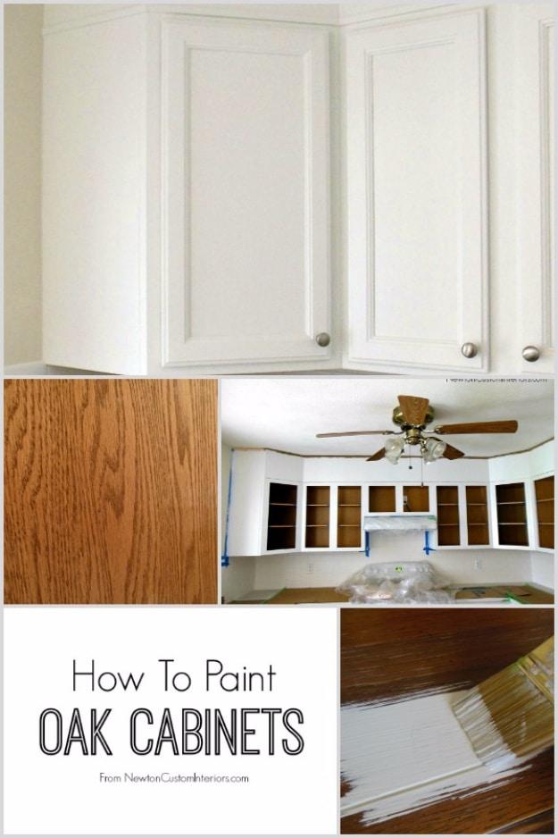 Paint oak cabinets DIY technique, white painted kitchen cabinet doors above a before frame of orange oak and dark trim