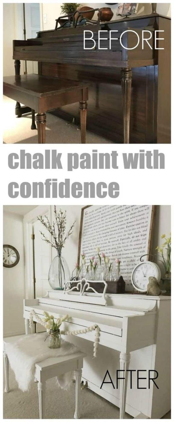 Painting hack with chalk paint, a dark wood spinet piano painted creamy white and styled with a bench and beads