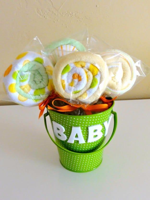 Baby Washcloth Lollipops, a DIY baby shower gift, a thoughtful homemade option instead of a store gift
