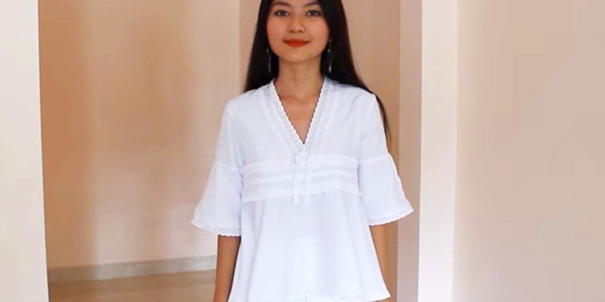 After Drawing A Pattern From Her Own Clothing, She Makes This Beautiful Eyelet Trim Top From Scratch (Watch!)