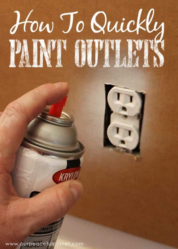 Painting hack graphic, a hand holding a Krylon can beside a white wall outlet framed by a cardboard shield