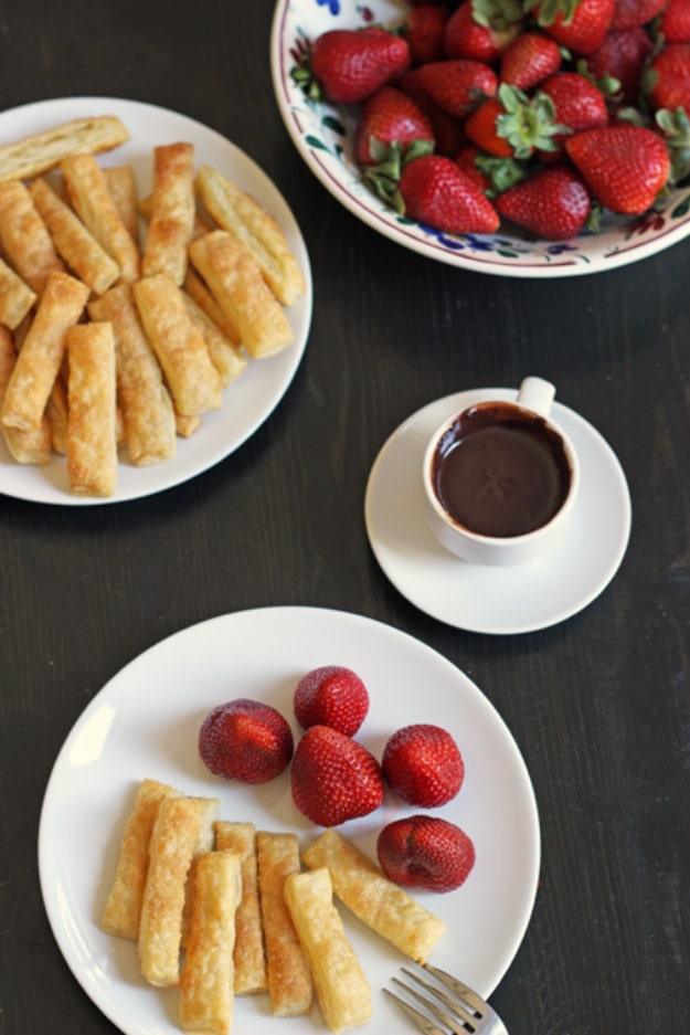Cinnamon puffs twisted from puff pastry with melted chocolate for dipping, a quick three ingredient dessert